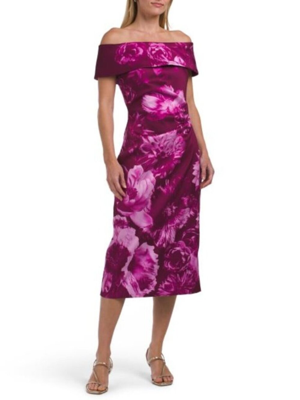 TERI JON Stretch Mikado Ruched Waist Off The Shoulder Dress